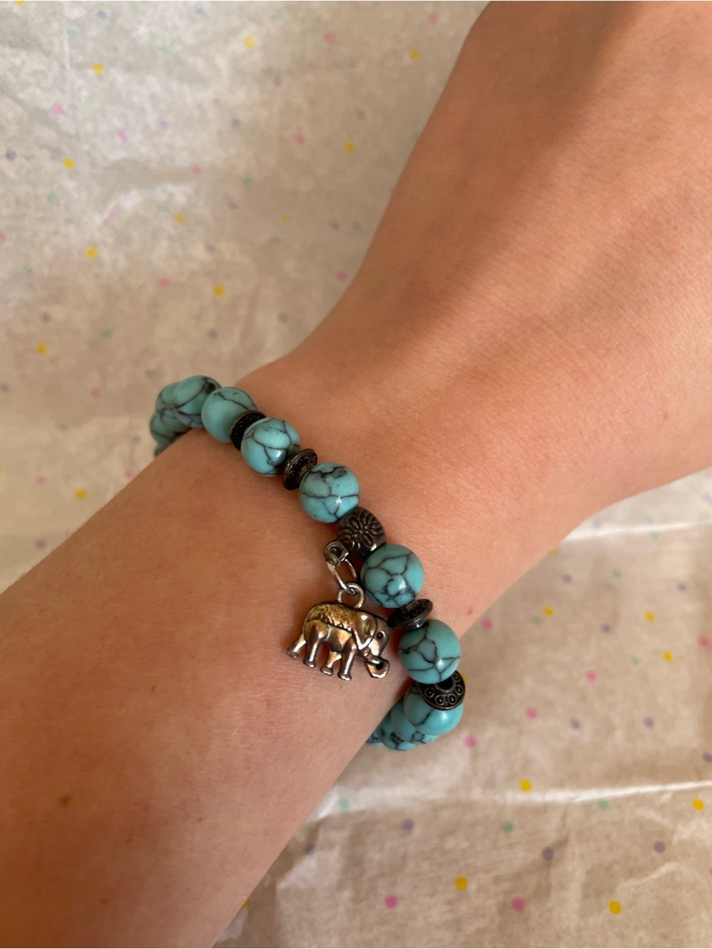 Turquoise Beaded Bracelet with Elephant Charm - Unbranded